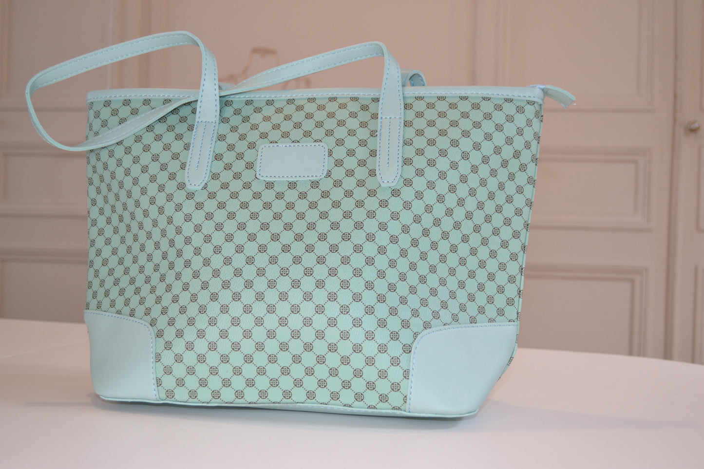 Sac à main simili cuir Bleu motif trèfles marron