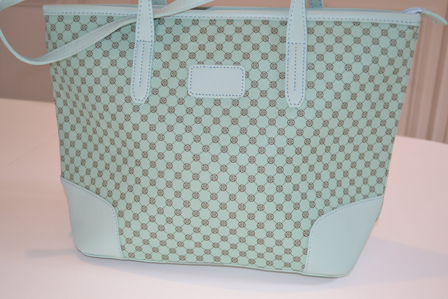 Sac à main simili cuir Bleu motif trèfles marron