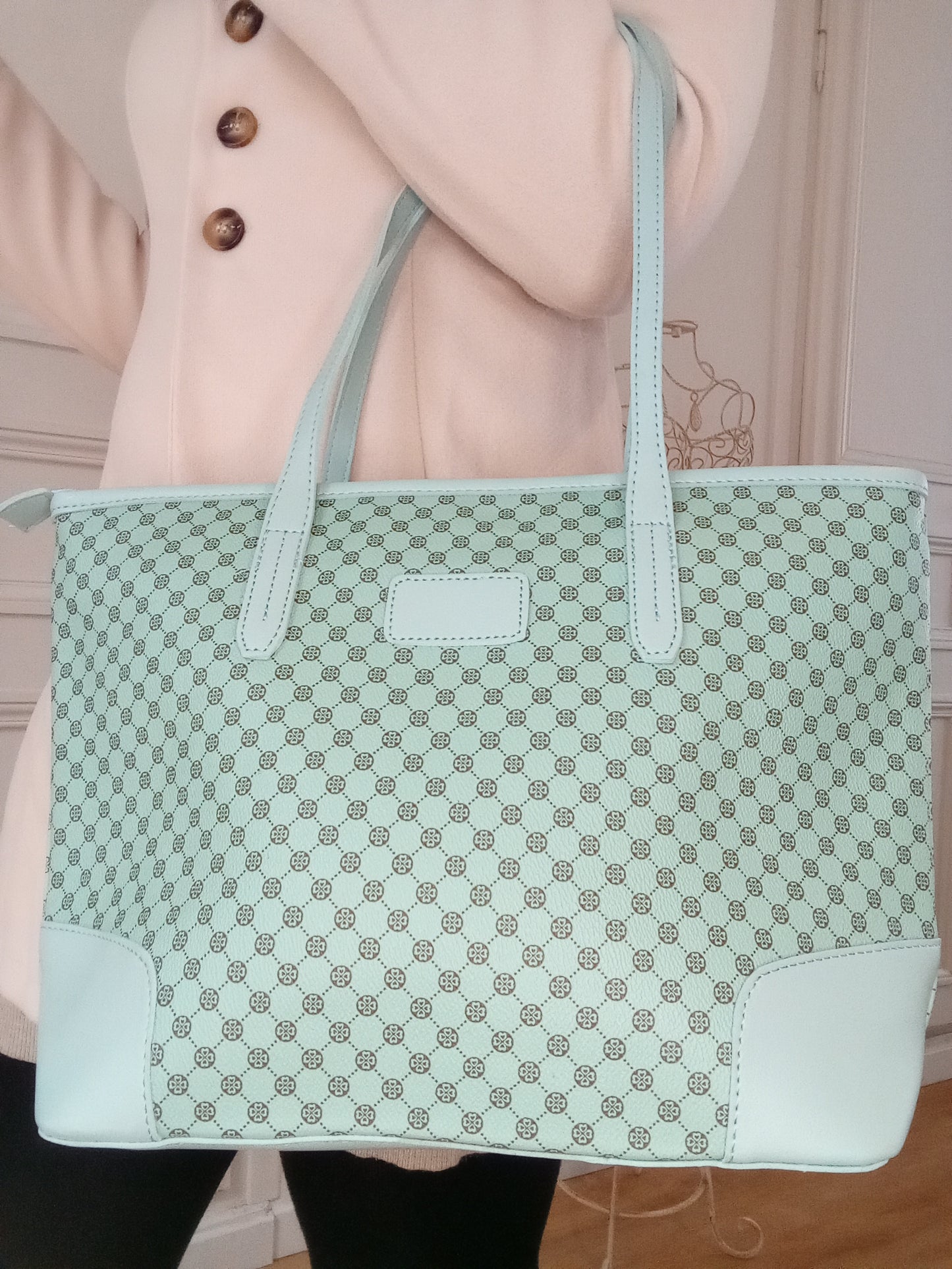 Sac à main simili cuir Bleu motif trèfles marron