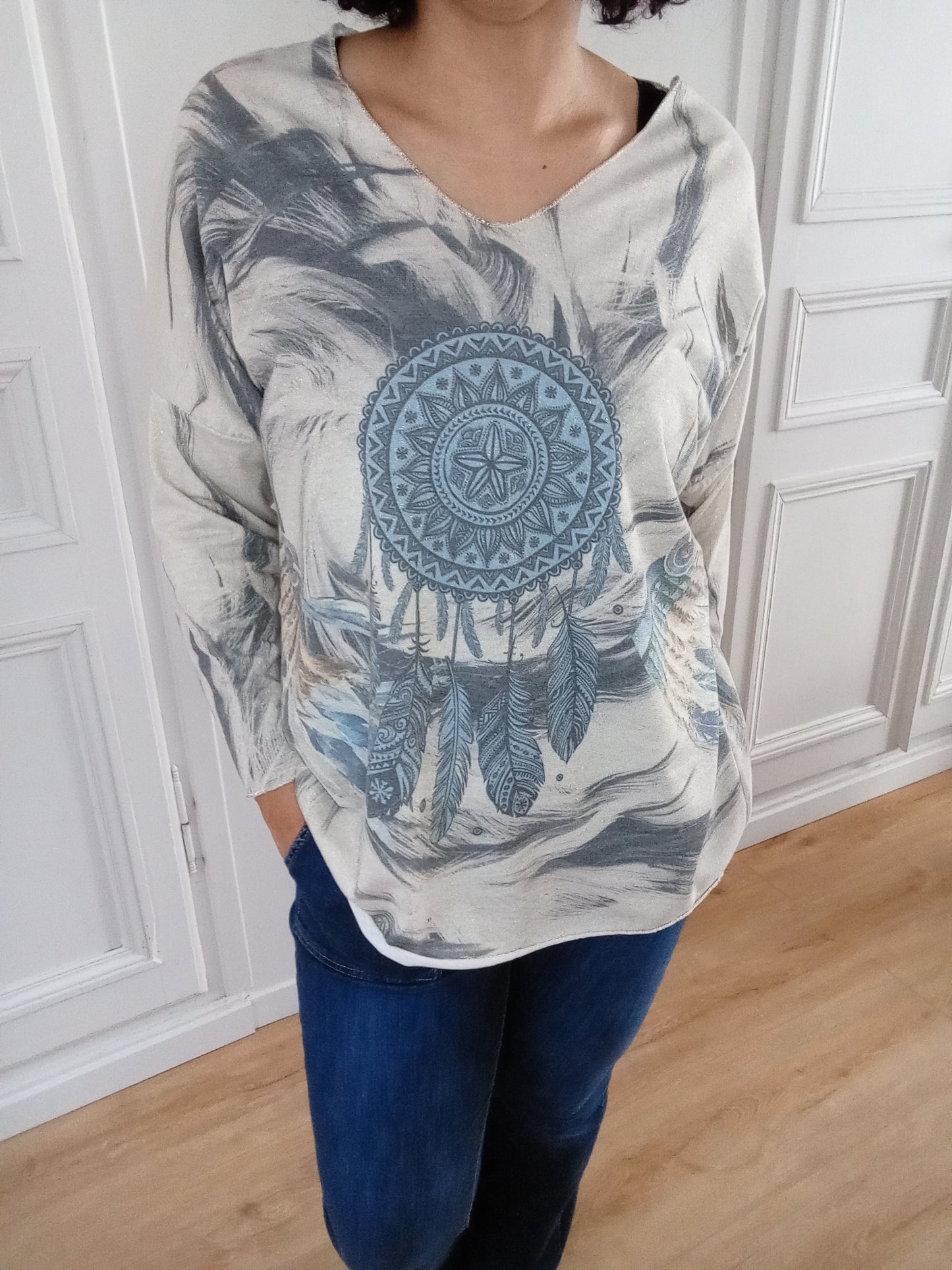 Pull Attrape Rêve effet pailleté doré