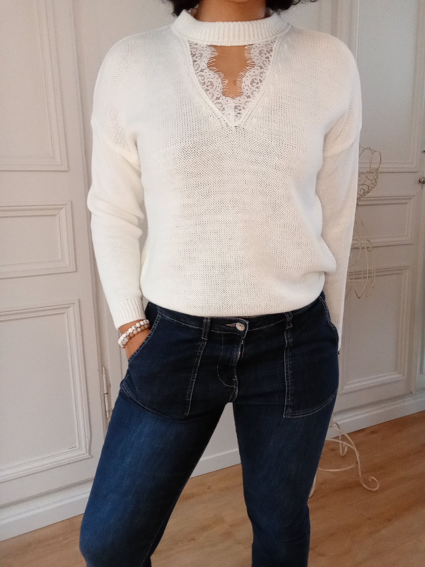 Pull col dentelle Blanc