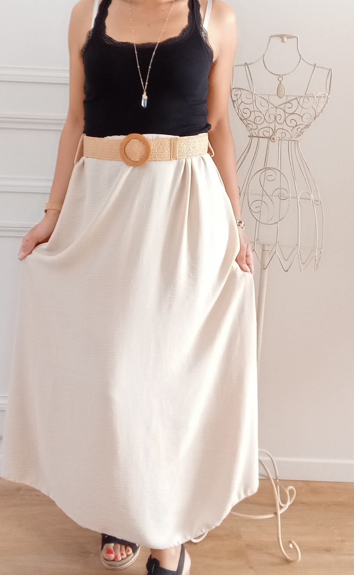 Jupe longue fluide Beige + ceinture