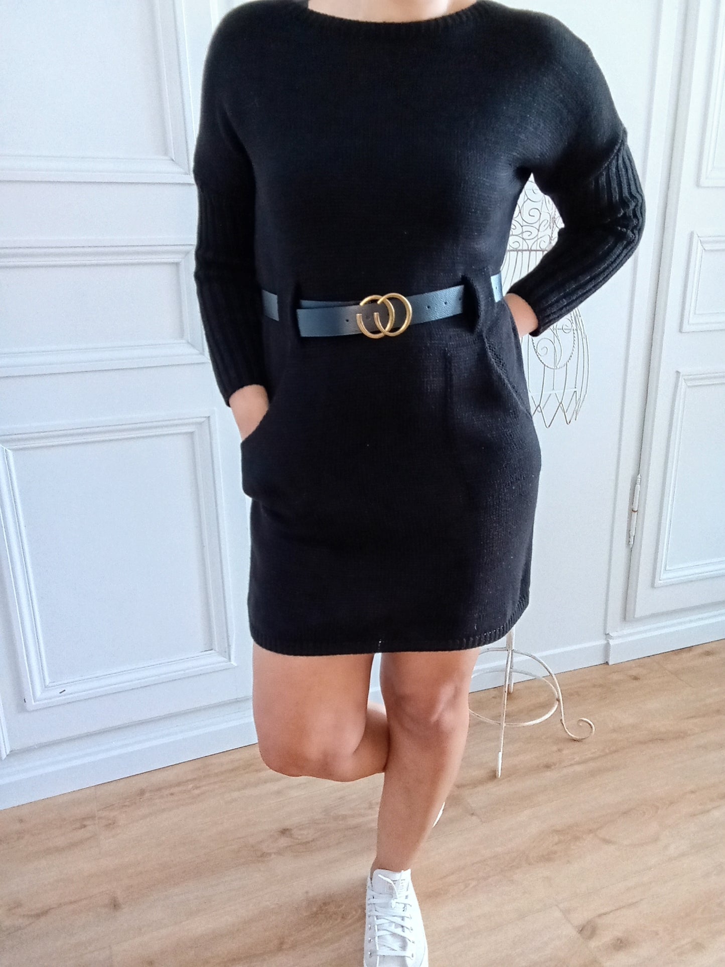 Robe pull maille Noire + ceinture