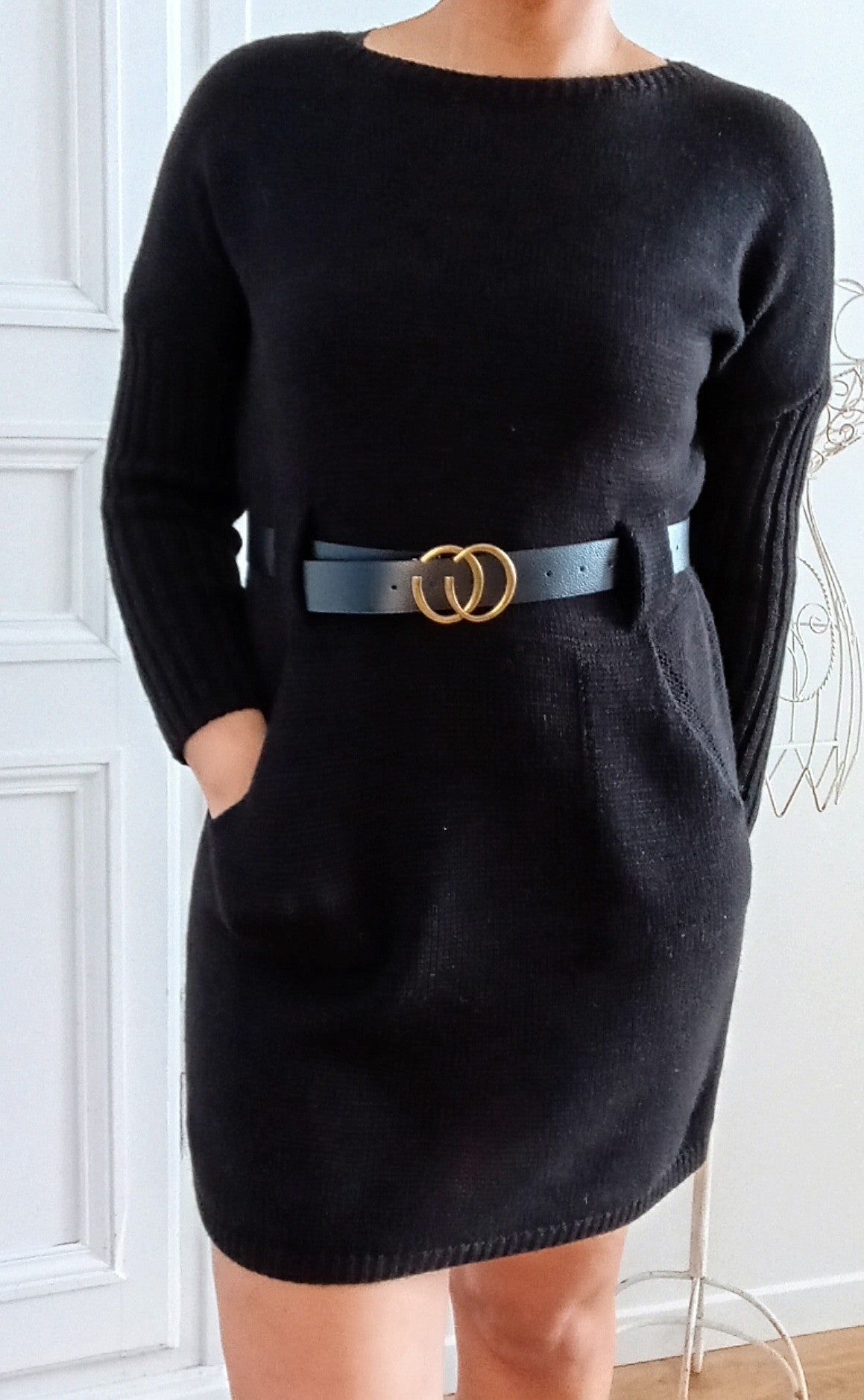 Robe pull maille Noire + ceinture