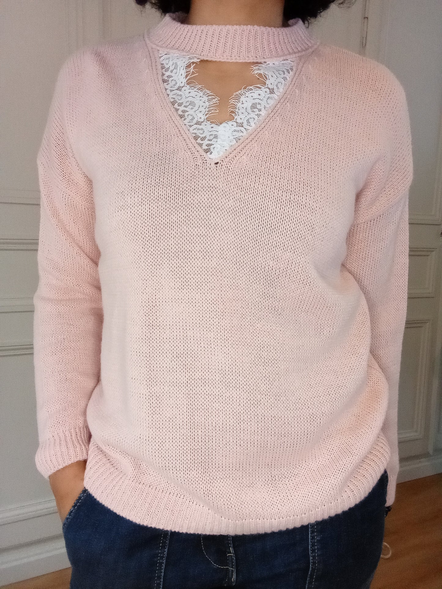 Pull col dentelle Rose