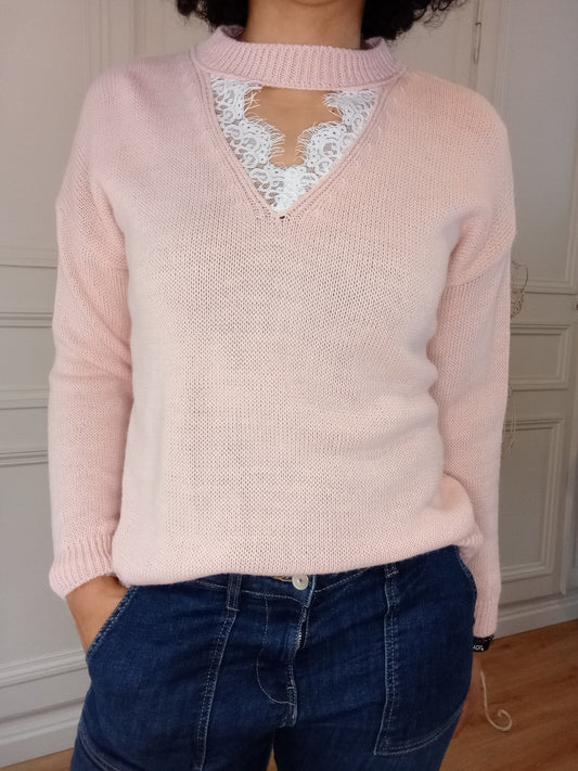 Pull col dentelle Rose