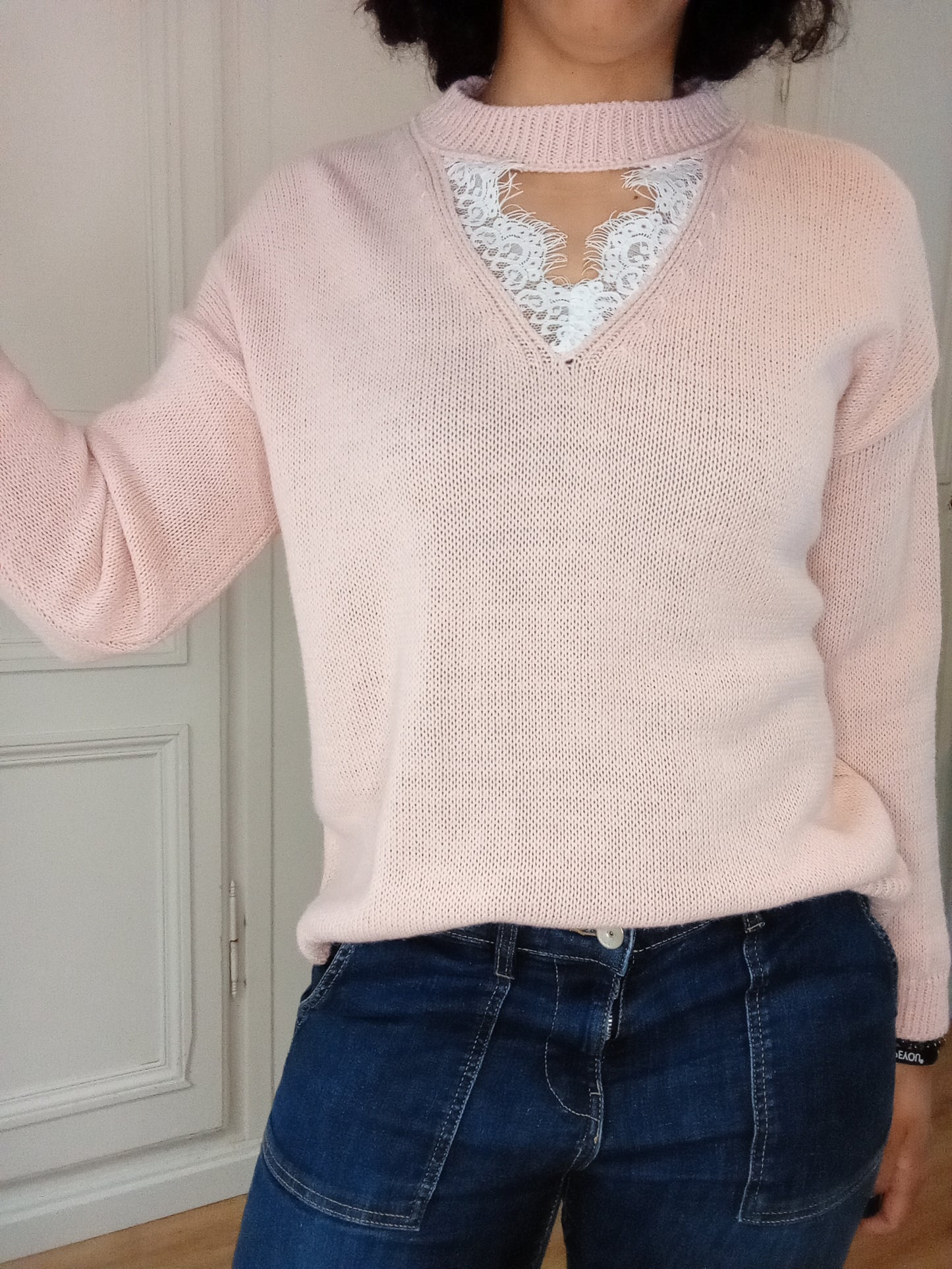 Pull col dentelle Rose
