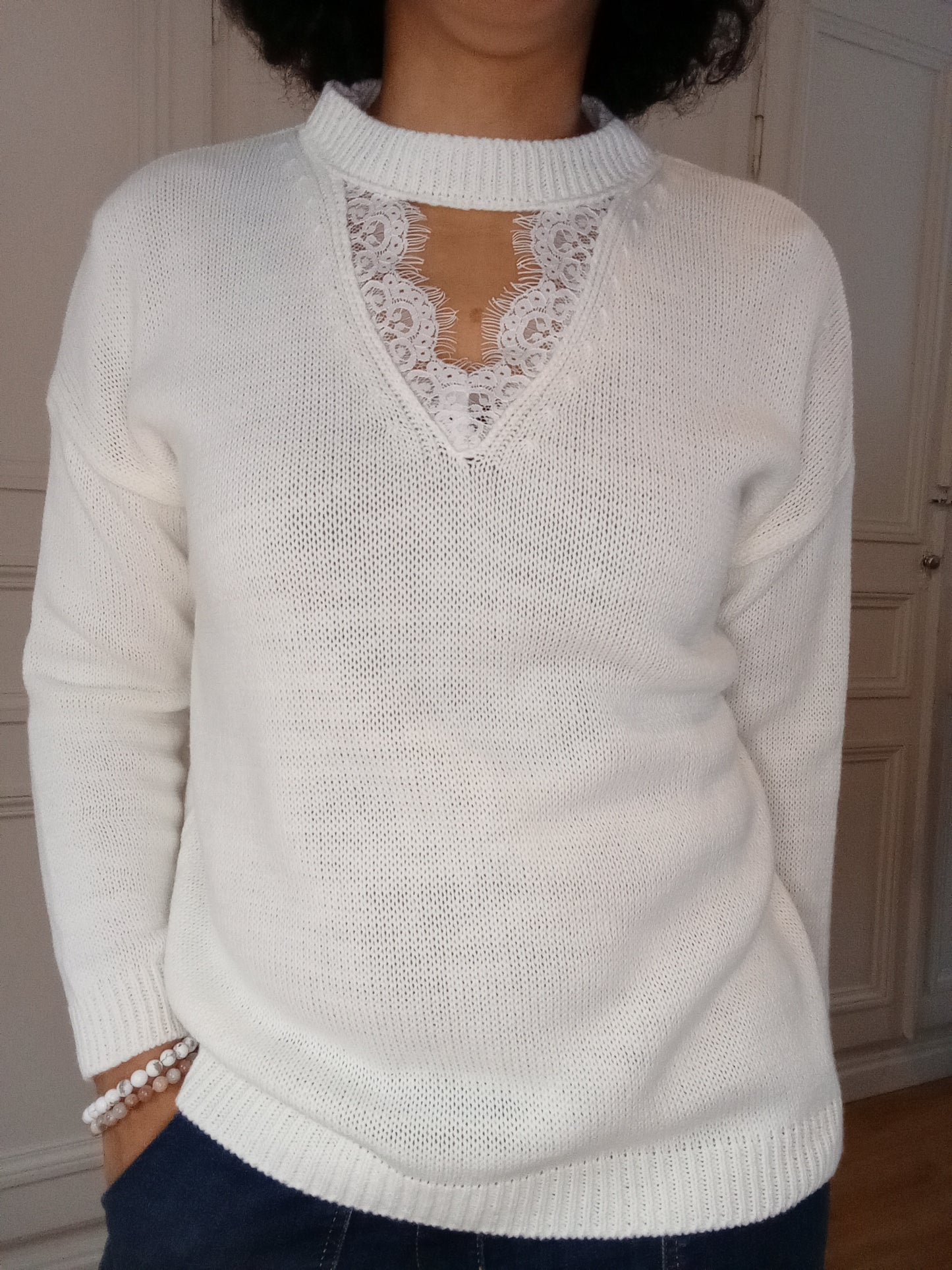 Pull col dentelle Blanc
