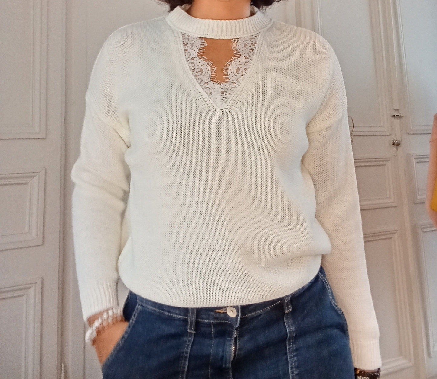 Pull col dentelle Blanc