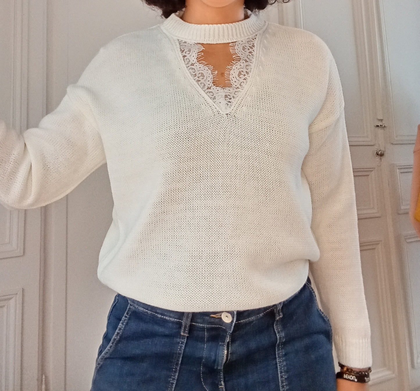 Pull col dentelle Blanc