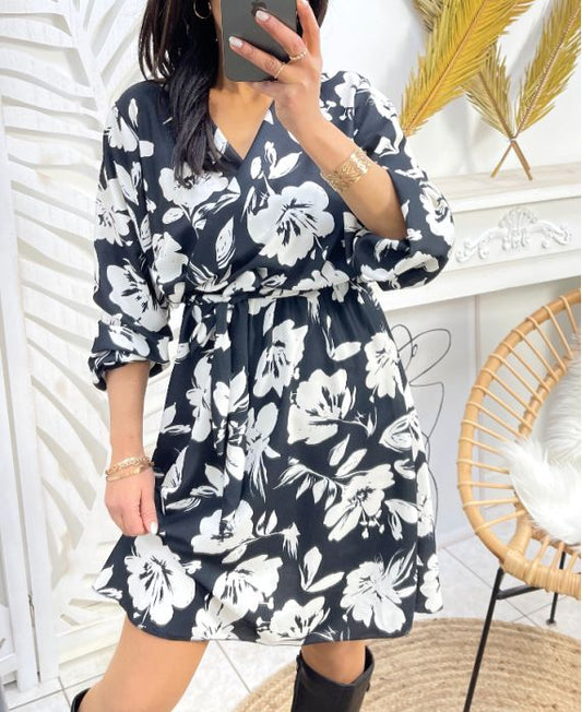 Robe imprimée Fleurs noire et blanche