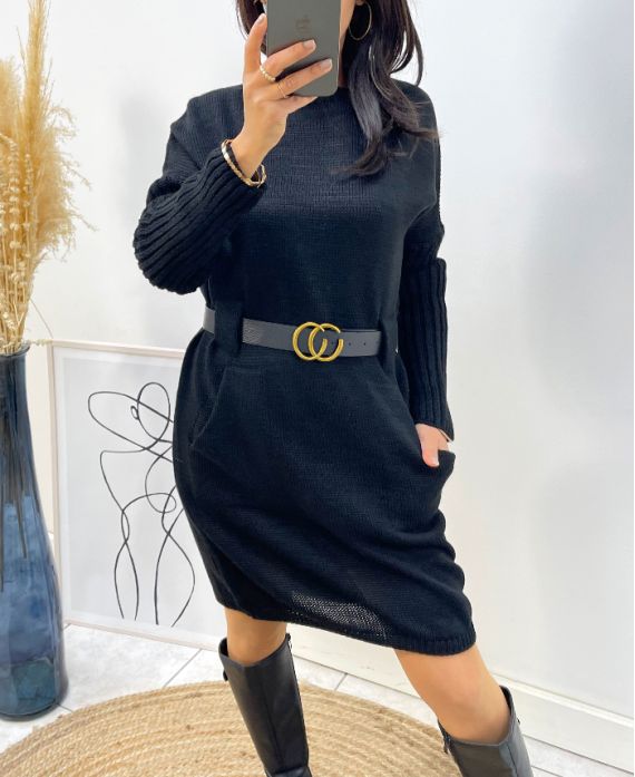 Robe pull maille Noire + ceinture